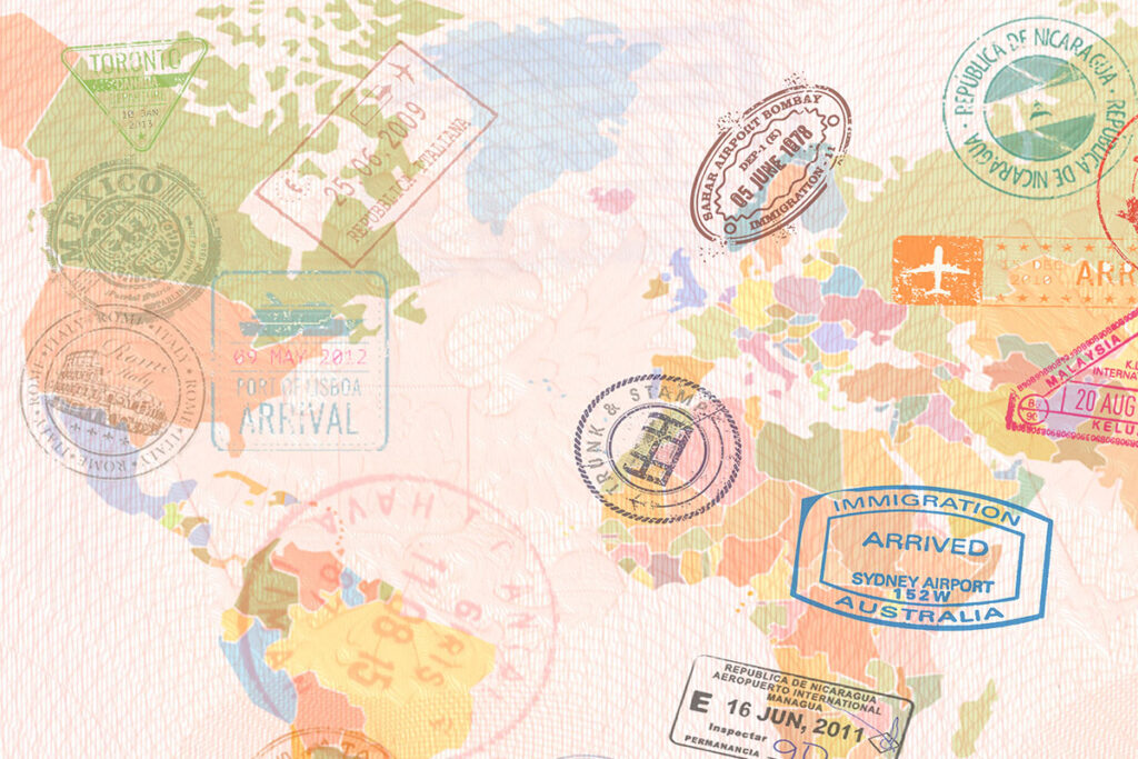 A graphic of a map of the world with visa stamps in it.